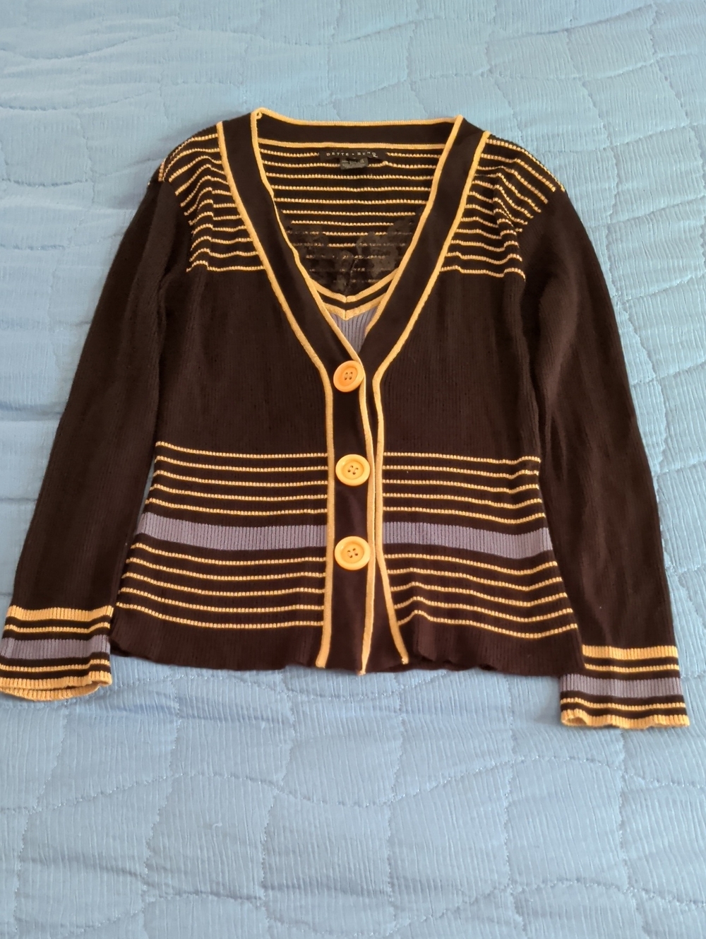 Black and Tan Striped V-Neck Women's Sweater Cardigan